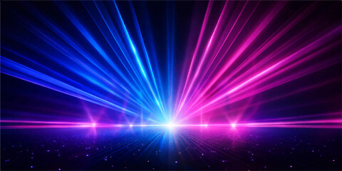 A bright blue abstract background with a magic star burst design features shiny laser rays and an explosion of glowing energy lights like a flash in the night space © Jisan