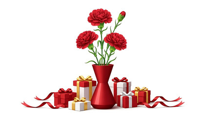 Beautiful red carnations in vase with wrapped gifts and ribbons