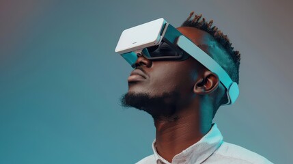 Man wearing futuristic virtual reality goggles in modern tech setting