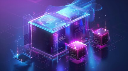 Futuristic data servers with neon lights in a digital landscape