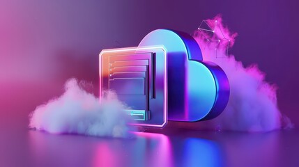 Vibrant cloud storage concept with neon lights and fog