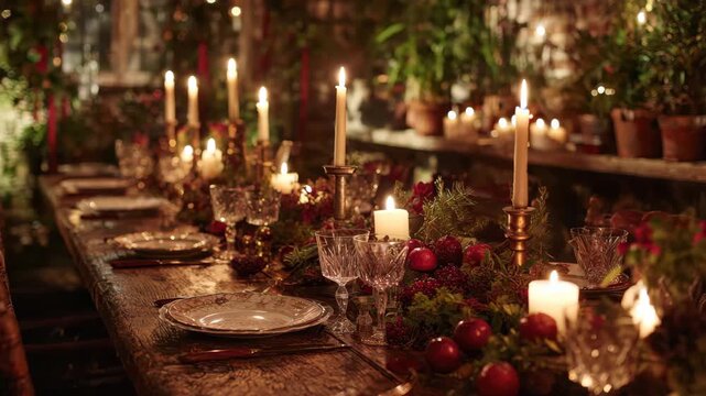 Festive Candlelit Dinner Table, A beautifully set dinner table adorned with candles, flowers, and elegant dinnerware, creating a warm, festive atmosphere