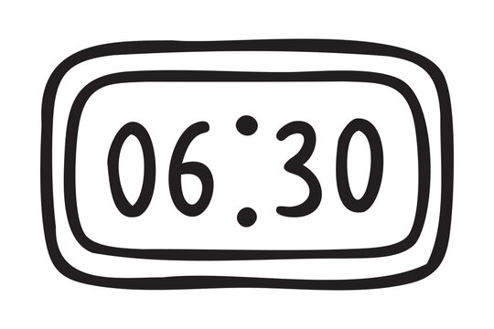 Alarm clock 6:30, early morning class, line art planner doodle, outline contour, monochrome, hand drawn
