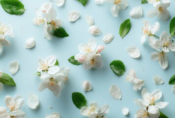 Seamless Spring Pattern with White Apple Blossoms and Green Leaves on a Light Blue Background

