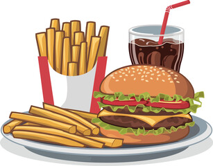 Classic Fast Food Meal With Burger, Fries, And Drink Vector on Transparent Background.