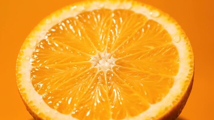 Close-up of a juicy, dewdropped orange slice on a vibrant orange background