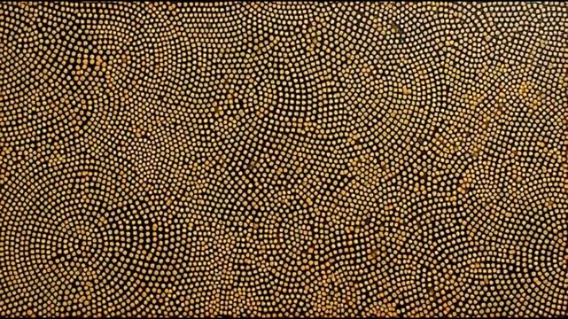 Traditional Australian Aboriginal dot painting techniques used to create a dizzying 1960s Op Art optical illusion of depth and movement in earthy ochre and black.
