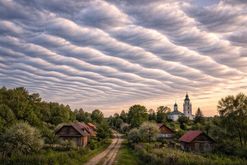 A village road and undulating clouds over the village.