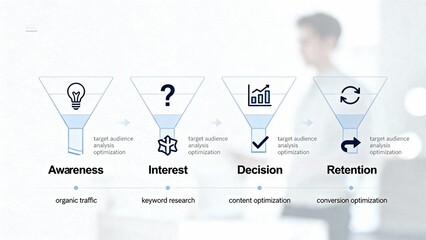 Simple infographic showing digital marketing funnel stages, SEO keywords online business strategy