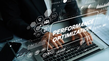 Business Professional Engaged in Performance Optimization with Data Analytics and Technology Interface on Laptop. Asymptotic smart data analytic.