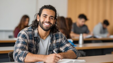 A student sits at a desk in a classroom. He is smiling and holding a pen near an open notebook. Classmates are quietly working in the background.