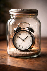 Alarm clock in a glass jar with sand.
