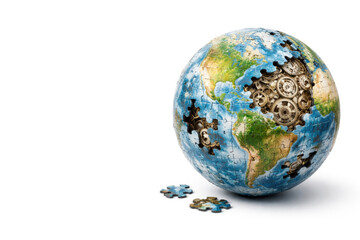 The globe is like a puzzle with mechanical gears inside. Space for text.