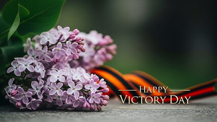 Vibrant lilac flowers celebrating Happy Victory Day with green leaves