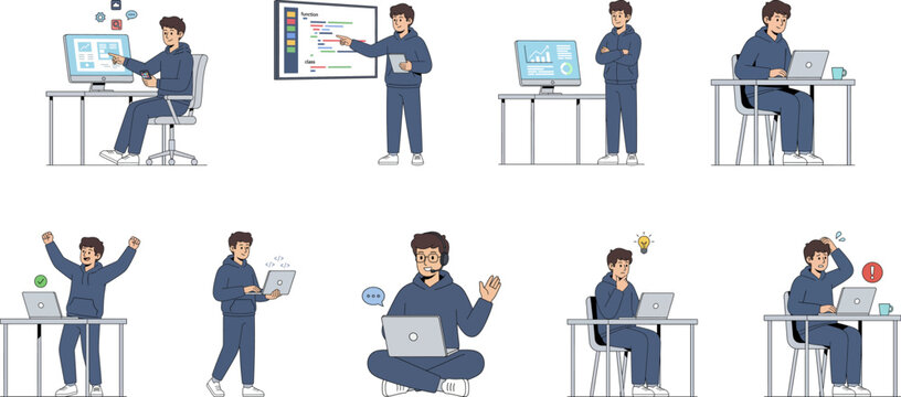 Male programmer coding on laptop and working with software development