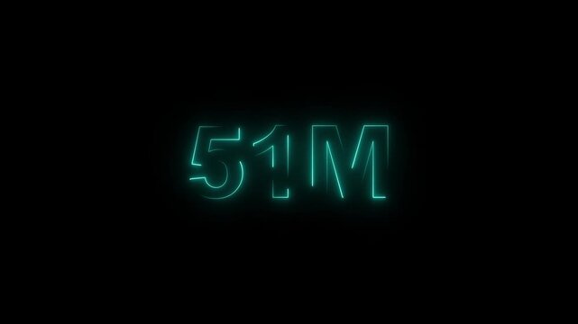 Glowing Neon Light 51 Millions Letter Icon Animation on black background. Think you drop shadow on the 51M followers numbers.4k video