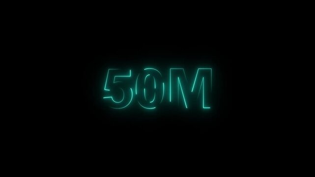 Futuristic 50M neon light text on dark background - vibrant glowing number in cyberpunk and digital style, perfect for tech themes and modern designs.4k video