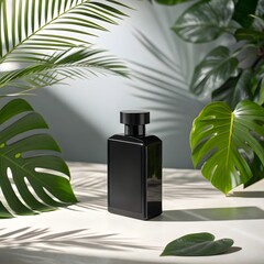 A minimalist and elegant black perfume bottle displayed amidst lush green tropical leaves