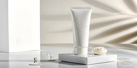 White cosmetic tube with water droplets on a minimalist stand for beauty product presentation