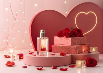 A romantic perfume bottle display with red roses and heart decorations for valentine's day
