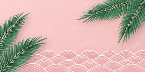 Summer tropical background with green palm branches and stylized ocean waves