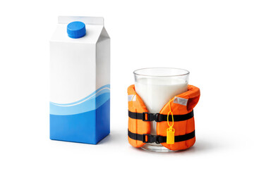 A carton of milk and a glass in a life jacket. Space for text.