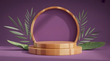 A minimal wooden podium for product display with tropical leaves and purple background