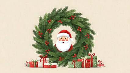 Santa Claus peeking through festive Christmas wreath with gifts