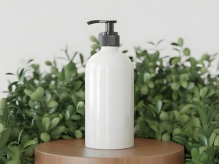 Minimalist product display featuring a white pump bottle on a wooden stand with green leaves