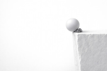 A white ball on the edge of a block with a stone. Space for text.