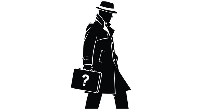 A silhouetted figure in a coat and fedora walks with a mysterious briefcase