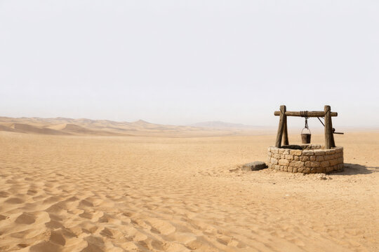 A lonely well in the desert as a symbol of hope and survival.