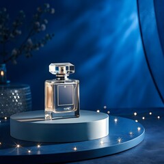 Luxury perfume bottle in blue light, creating an elegant and sparkling presentation