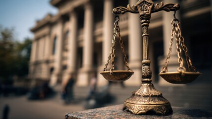 A set of scales is placed on a stone surface in front of a large courthouse. People walk around the building while trees provide shade on a sunny day.