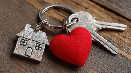 A key chain shows a silver house charm and a red heart charm next to a set of keys on a rustic wooden surface. The scene captures a small meaningful item in everyday life.