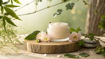 A jar of natural organic cream displayed in a peaceful garden environment on a wooden base