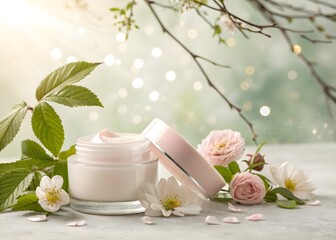 Natural organic skincare cream jar surrounded by delicate spring flowers and green leaves