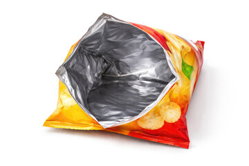 Open empty potato chip bag, insulation on a white background.
