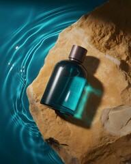 A refreshing fragrance bottle rests on a natural rock with vibrant water ripples