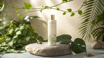 A minimalist scene showcasing natural cosmetic bottle on rock surrounded by fresh green leaves
