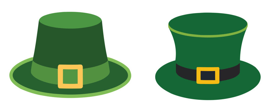 Two green leprechaun hats with gold buckles, one flat-topped and one top hat style, perfect for St. Patrick's Day celebrations.