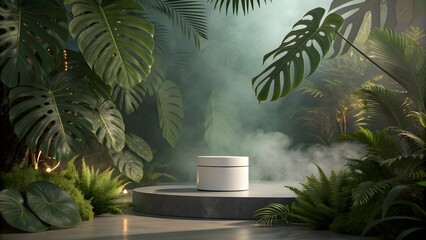 Minimalist white cosmetic jar displayed on a podium surrounded by misty tropical foliage