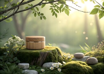 Serene organic cosmetic jar display in lush green forest with sunlight filtering through leaves