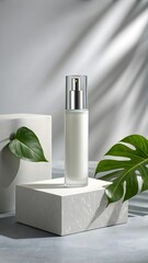 A white cosmetic bottle on a marble stand with natural green leaves and shadows