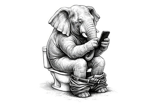 An elephant with a phone on the toilet as a metaphor for digital addiction.