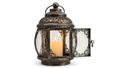 Vintage Bronze Metal Lantern with Burning Candle and Ornate Filigree Details Isolated on White Background
