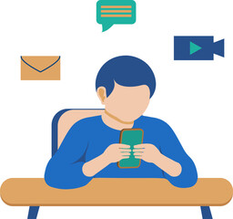 Mobile work illustration. Flat vector illustration of a person working remotely using smartphone
