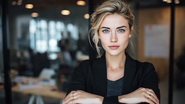 Successful business woman confidently poses in modern office environment showcasing her professionalism and leadership skills during a weekday morning