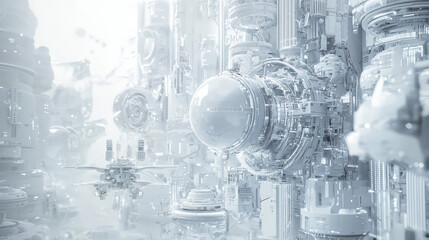 Abstract grey and white background with futuristic technical elements.