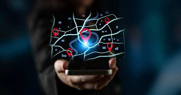 Concept of location tracking and GPS navigation. Map with pins marking a destination and points of interest for travel, delivery routes, or finding a specific address. Fermion